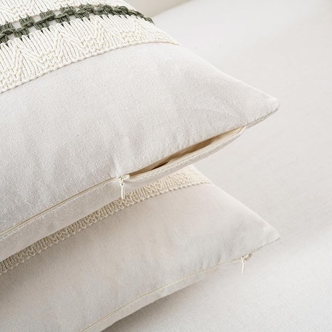 Fancy Homi Set of 1 Boho Olive Green Decorative Throw Pillow Cover 18x18 Inch for Couch Bed Sofa, Aesthetic Modern Organic Farmhouse Home Decor, Soft Cotton Cute Accent Macrame Woven Cushion Case