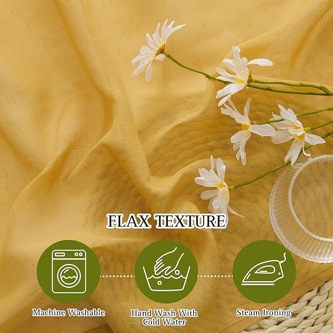 NICETOWN Citrine Linen Curtains 108 inches Long, Grommet Decorative Semi Sheer Gold Curtains Linen Blend Window Drapes Privacy with Light Filtering for Living Room, W52 x L108, 2 Panels