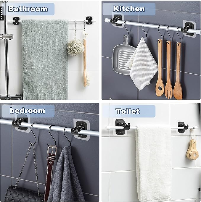 Codoule 2PCS No Drill Curtain Rod Brackets Drilling Self Adhesive Holder Hooks Nail Free Adjustable Hangers for Bathroom Kitchen Home and Hotel (2PCS Black)