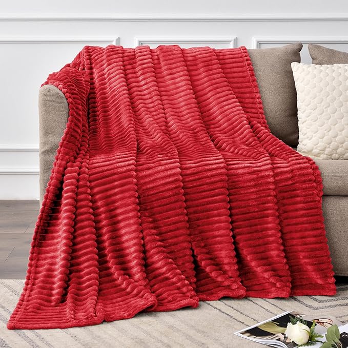 BEDELITE Fleece Throw Blanket for Couch – 3D Ribbed Jacquard Soft and Warm Decorative Fuzzy Blanket – Cozy, Fluffy, Plush Lightweight Red Throw Blankets for Bed, Sofa, 50x60 inches