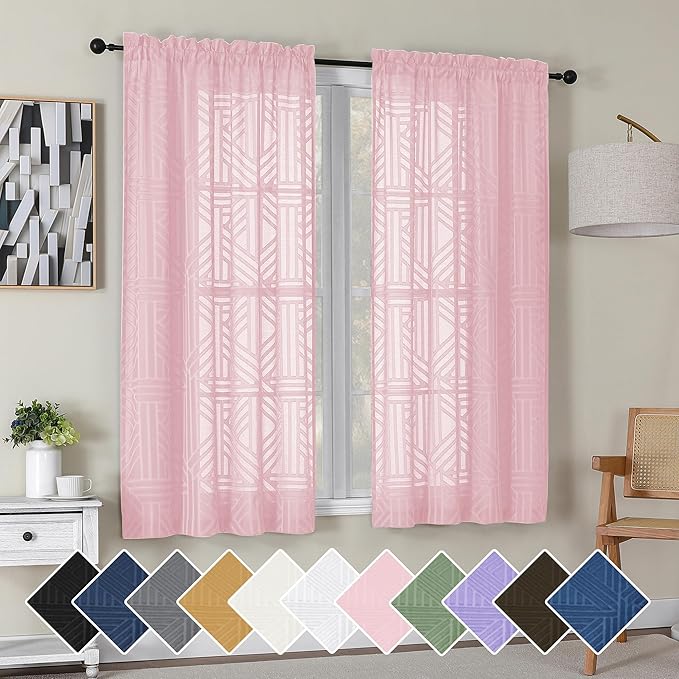 Simplebrand Blush Semi Sheer Curtains 63 Inch Length 2 Panels, Light Filtering Geometric Jacquard Clip Textured Short Sheer Curtains for Bedroom，Modern Elegant Window Curtains Drapes，42x63 inch