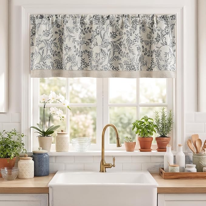 jinchan Linen Valance Curtain Farmhouse Floral Printed Small Window Curtain for Kitchen Rustic Light Filtering Valance for Living Room Bedroom Bathroom 16 Inch Rod Pocket 1 Panel Black on Beige