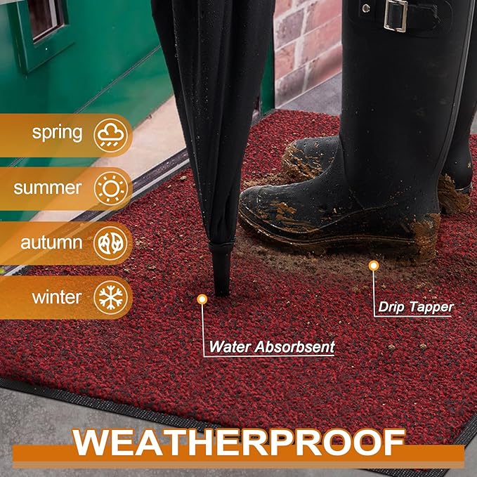 Mibao Front Door Mat, Dirt Trapper Welcome Mat for Outdoor Indoor, Non-Slip Waterproof Doormat, Durable Machine Washable Low Profile Entry Rug for Back Door Outside Patio Porch, 48" x 36", Red