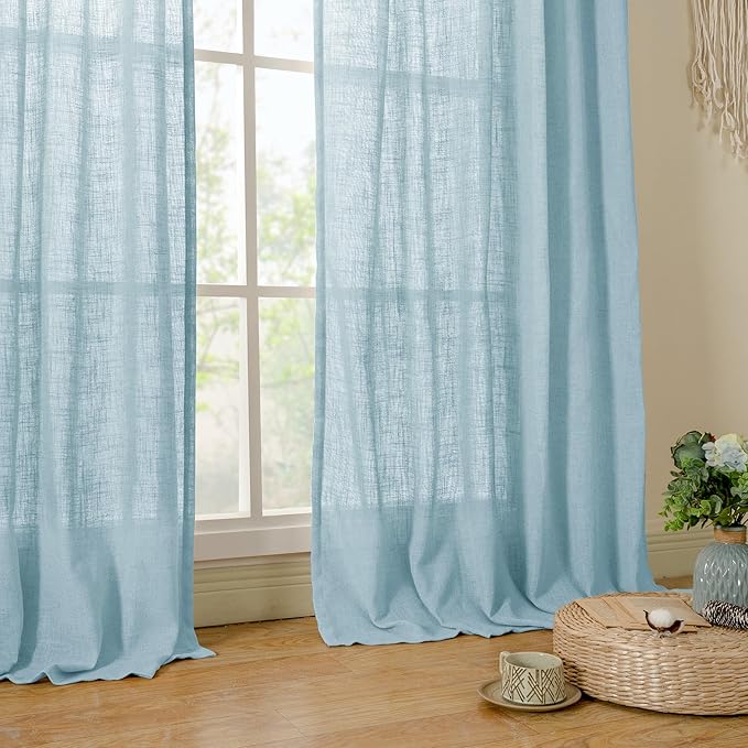 LAMIT Stone Blue 72 inch Linen Curtains for Living Room 2 Panels, Linen Textured Light Filtering Semi Sheer Back Tab and Rod Pocket Panels for Bedroom/Farmhouse, 52 x 72 Inch