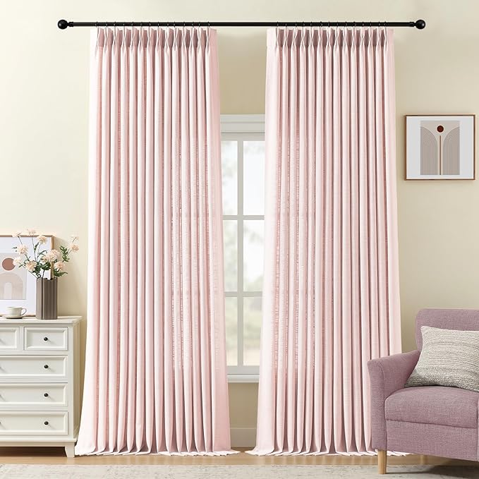 IVAPUPU Light Pink Pinch Pleated Curtains 96 Inches Long for Living Room, Semi Sheer Privacy Thick Linen Blend Curtain Memory Trained Back Tab Drapes with Rings for Girls Bedroom, 2 Panels, W40xL96