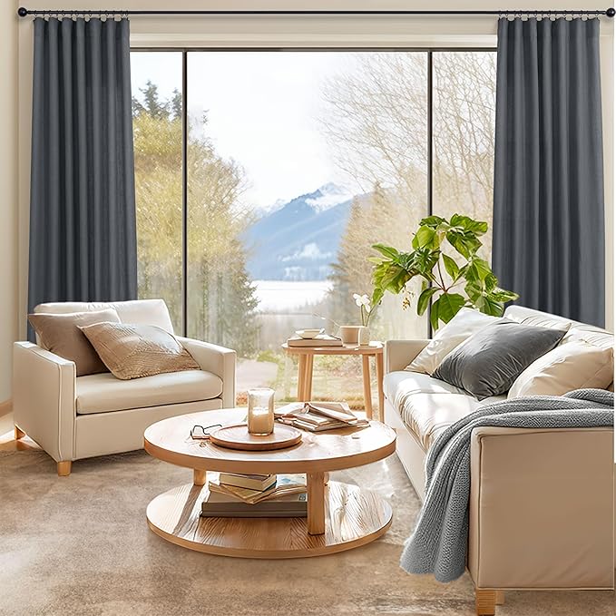 Dark Grey Curtains 84 Inch Length 2 Panels Set for Living Room Pleated Sheer Linen Light Filtering Modern Farmhouse Thick Privacy Floor Length Curtains Drapes 84 Inches Long for Bedroom Charcoal Gray