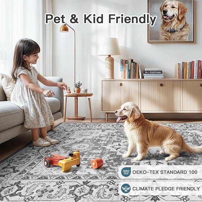 Lofus 9x12 Area Rugs for Living Room, Washable Area Rug, Rugs for Bedroom, Kitchen Rug, Vintage Boho Carpet, Soft Non-Slip, Low Pile Large Area Rug for Office Dining Room, Floral Grey