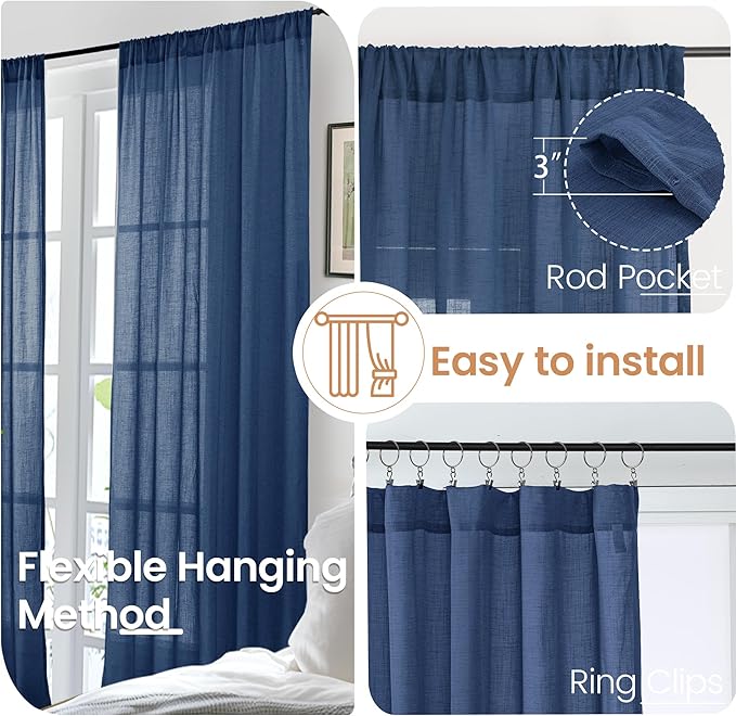 BGment Linen Navy Blue Curtains 96 Inches Long for Living Room 2 Panels Set, Semi Sheer Window Drapes Floor Length Light Filtering for Bedroom Dining with Rod Pocket Lightweight, Each 52 Inch Wide
