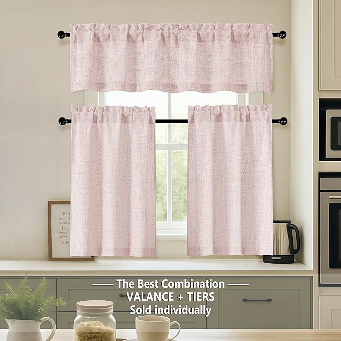 OVZME Blush Pink Valance for Windows, Light Filtering Faux Linen Textured Small Short Valance Kitchen Curtain, Rod Pocket Top Short Window Curtain for Bathroom Basement Farmhouse, 1 Piece, 60Wx16L