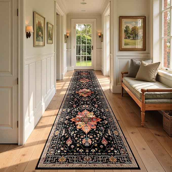 Area Rugs 2'6''x14' Runner Rug Non Slip Washable for Kitchen Hallway Bedroom Beside Laundry Room Bathroom Rug, Floor Carpet, Black Colorful Floral Dark Tan