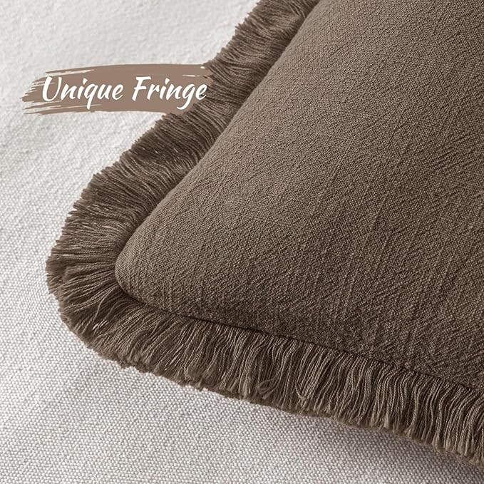 MIULEE Decorative Throw Pillow Covers Neutral Linen Fringe Throw Pillows Euro Shams Set of 2 Chocolate Brown Boho Farmhouse Cushion Covers for Couch Sofa Bed Living Room Spring Home Decor 24x24 Inch