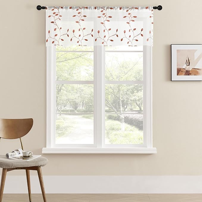 MRTREES Sheer Christmas Curtain Valance, Autumn Leaves Embroidered Valances Curtains Rod Pocket, 54x16 Inches Short Window Treatment for Living Room Kitchen Festival Decor(1 Panel, Terracotta Leaves)