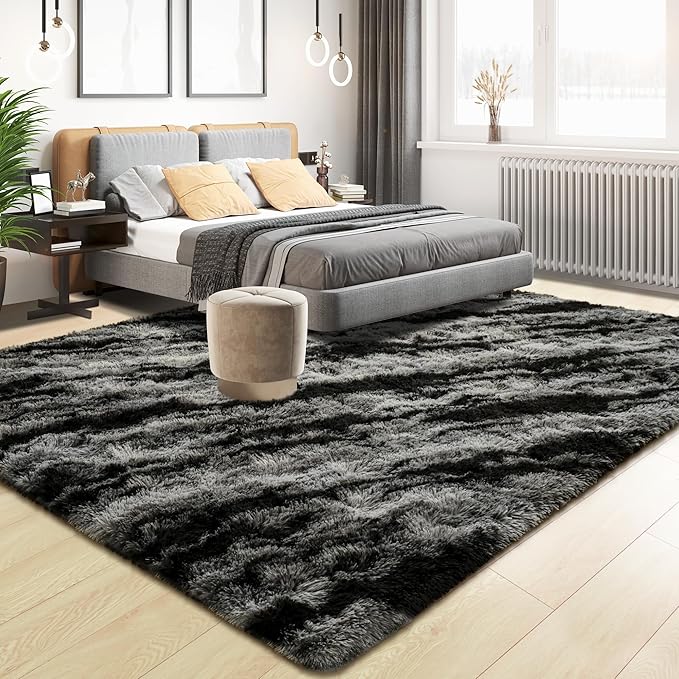 Tepook Fluffy Large Rugs for Living Room, Shag Area Rug 6x9 Soft Carpet for Bedroom, Modern Shaggy Rug for Kids Boys Girls, Plush Indoor Nursery Home Decor Rug with Non-Slip Bottom, Black Grey