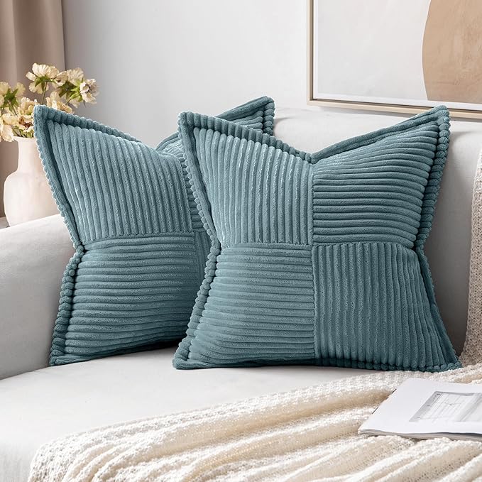 MIULEE Decorative Throw Pillow Covers for Couch Bed Livingroom 16x16 Inch Set of 2 Dusty Blue Boho Accent Throw Pllows Broadside Striped Patchwork Soft Corduroy Summer Coastal Pillowcases