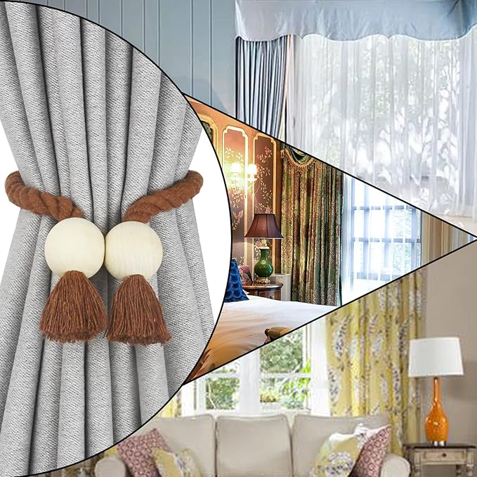 2 Pack Magnetic Curtain Tiebacks Cotton Hand Woven Tie Back Decorative Rope Holdbacks for Curtains Draperies No Tools Required, Khaki