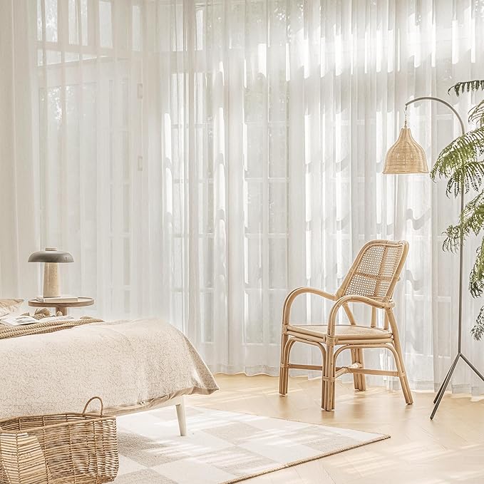 FMFUNCTEX Linen Sheer Pinch Pleated Curtains for Living Room, Linen Flax Beige 84 Inches Long Sheer Curtain See Through Panels for Bedroom, Natural Window Drapes for Farmhouse, Rod Pocket 2 Panels