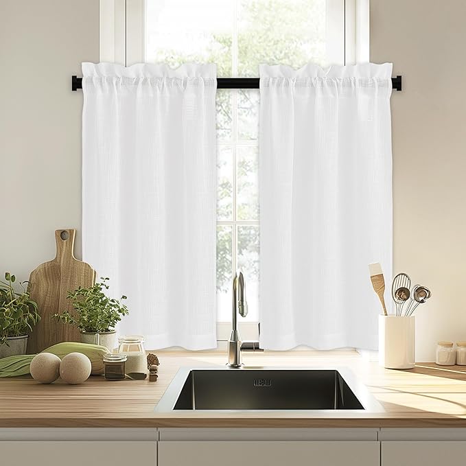 RYB HOME Cafe Semi Sheer Valances for Small Short Windows, Light Filtering Boho for Bathroom Kitchen Kids Room, Linen Textured Breathable Home Decor, W 42 x L 30 inches, White, 2 Panels