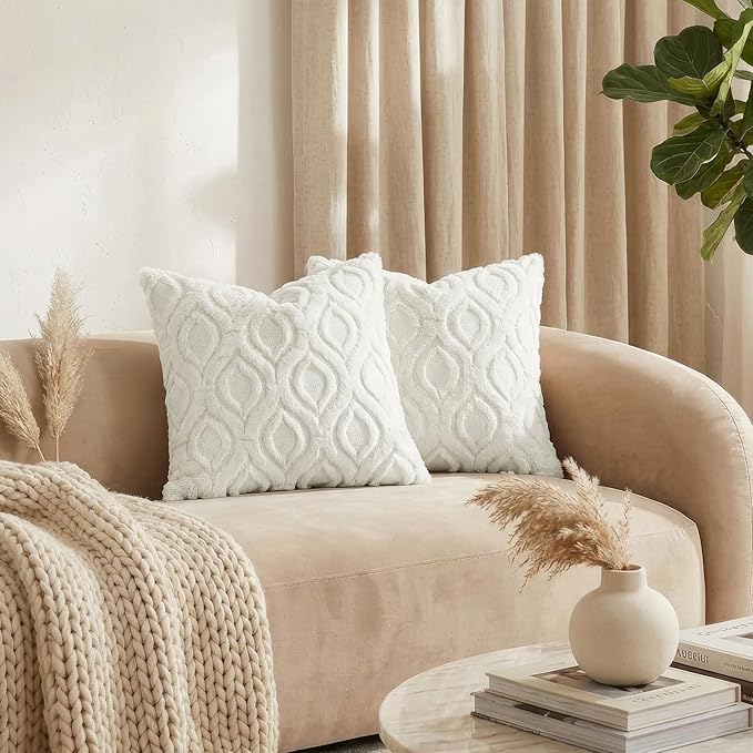 decorUhome Throw Pillow Covers 18x18 Inch Set of 2, Soft Plush Faux Wool Cream White Solid Couch Pillow Covers, Accent Farmhouse Neutral Square Pillow Cases for Sofa Bed Living Room