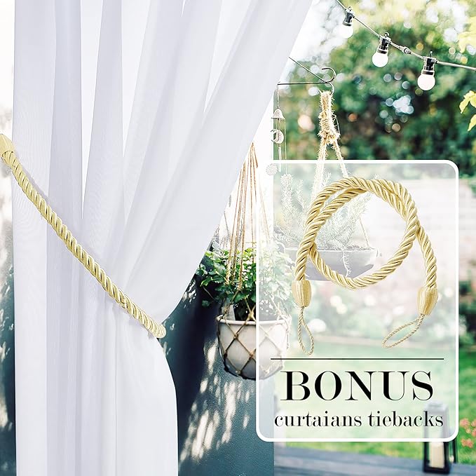 RYB HOME Detachable Tab Top Outdoor Sheer Curtain White Voile Privacy Outdoor Indoor Curtain for Patio Door Gazebo Porch Lanai Pavilion Deck, 1 Rope, 54 x 96 inches Long