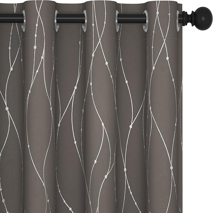 Deconovo Blackout Curtains, Thermal Insulaed Soundproof Drapes, Wave Dots Silver Print, 52 x 108 Inch Long, Set of 2, Machine Washable Window Panel for Sliding Door Bedroom Living Room Nursery, Taupe
