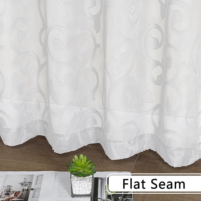 OWENIE Furman Extra Long Sheer White Curtains 96 inches Long for Bedroom Living Room 2 Panels Set, Light Filtering Soft Semi Sheer Jacquard Clip Farmhouse Curtains Rod Pocket Design, 40Wx96L inch