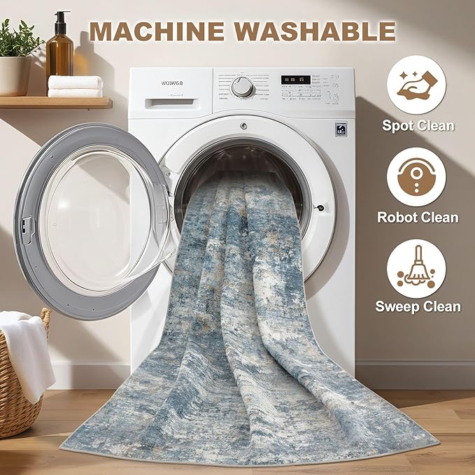 Nakagishi 6x9 Area Rugs Living Room: Washable Abstract Large Neutral Soft Rug Stain Resistant Modern Indoor Floor Non-Slip Carpet for Bedroom Nursery Kids Playroom Office Dining Room Dorm-Blue Brown