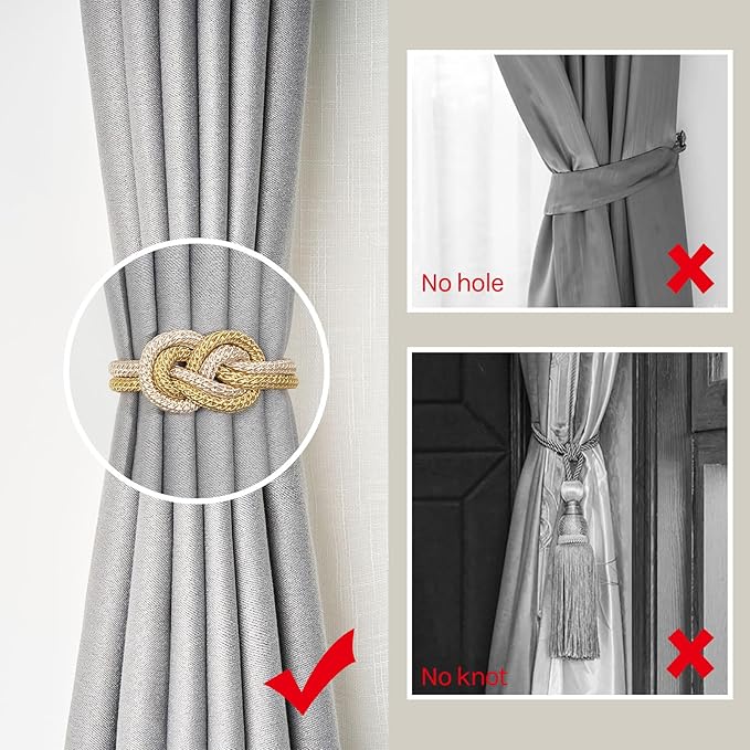 NICEEC 4 Pack Mini Magnetic Curtain Tiebacks Nordic Simple Style Drape Tie Backs Elegant Hand Weave Rope Knot Decorative Curtain Holdbacks for Home & Office Thin Window Drapery (Gold & Beige)