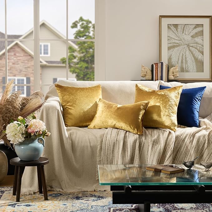 GIGIZAZA Gold Velvet Decorative 20x20 Throw Pillow Covers for Sofa Bed 2 Pack Soft Cushion Cover