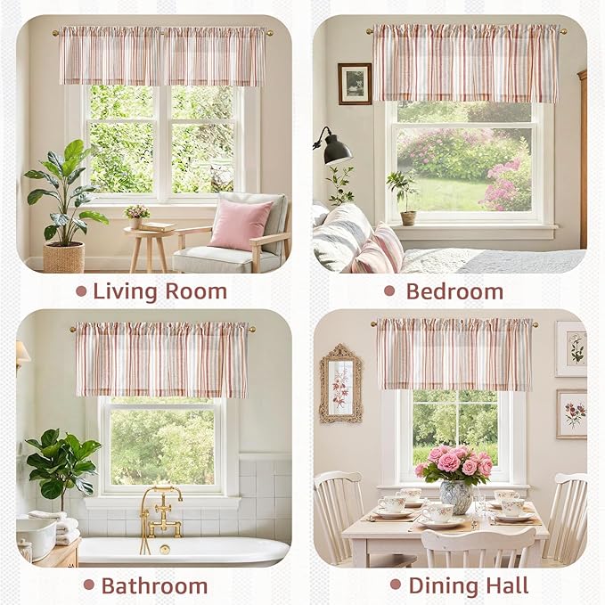 jinchan Valance Curtain Linen Textured Striped Window Curtain for Living Room Light Filtering Farmhouse Valance for Kitchen Rod Pocket 1 Panel 16 Inch Multi Red on Linen