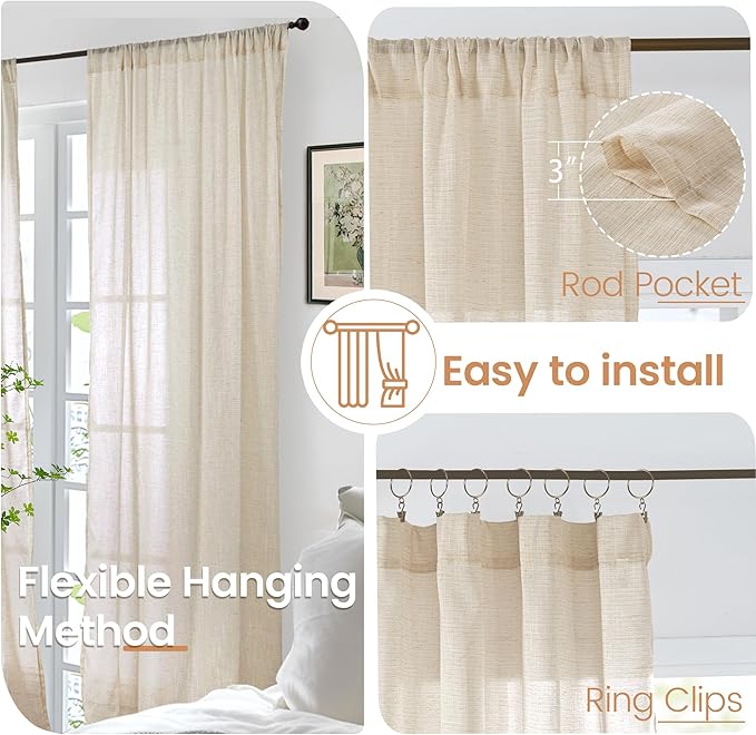 BGment Natutal Linen Cafe Curtains 30 Inch Length, Farmhouse Kitchen Window Drapes Semi Sheer with Rod Pocket Lightweight Textured for Bathroom Over Sink Decor, 2 Panels Set, 30 Inch Wide