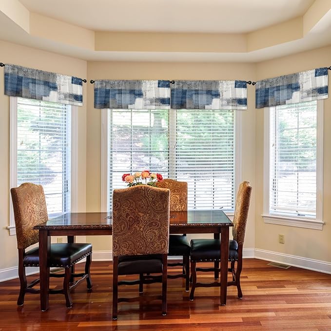 Emvency 4 Pack Valances Window Treatments, Blue and Grey Abstract Modern Art Blackout Drapes Adjustable Curtain for Windows Living Room Kitchen Over Sink, 52x18 Inch Rod Pocket Valances