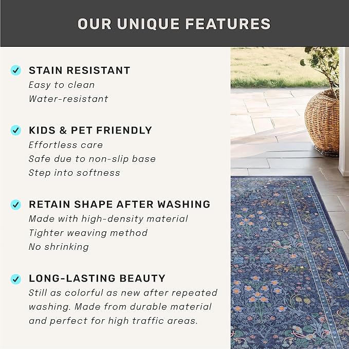Vintage Dark Blue 3x5 Area Rugs for Entryway, Bedroom Beside Rug, Kitchen, Laundry Room, Non-Slip Low Pile Ultra Soft Stain Resistant Small Floral Carpet - Boho Plant Dusky Navy Decor