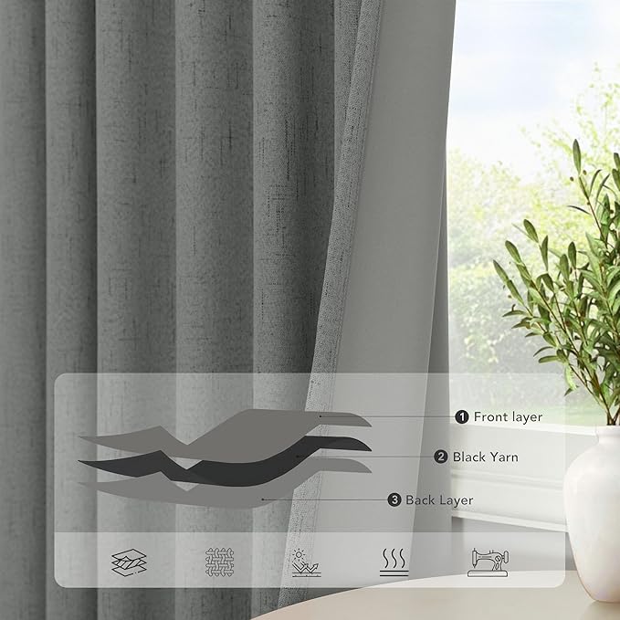 Gray Blackout Curtains 96 Inches Long 2 Panel Burg Linen Textured Charcoal Dark Grey Room Darkening Curtains for Bedroom Office Insulated Thermal Curtains for Summer Heat Light Blocking Divider Drapes