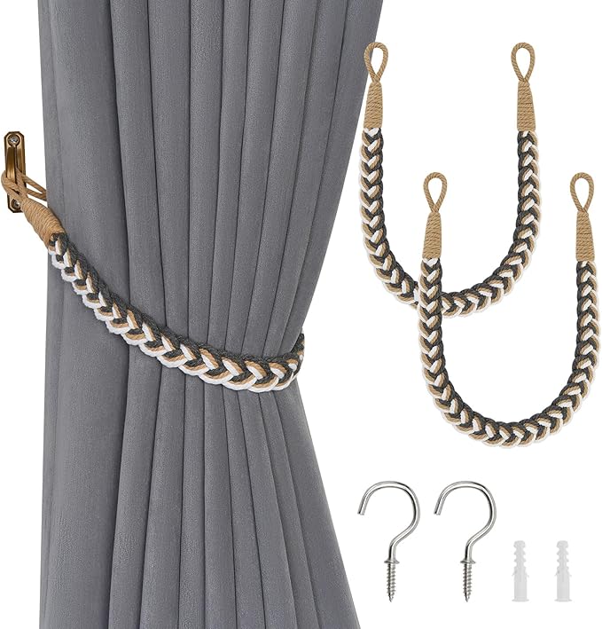 NICEEC 2 Pack Natural Cotton Rope Curtain Tiebacks Elegant Boho Style Decorative Drape Tie Backs Soft Hand-Woven Rope Curtain Holdbacks with Metal Hook for Home & Office Drapery (Grey & Beige)