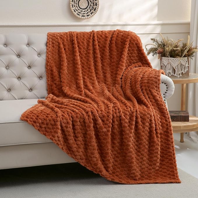 Puncuntex Burnt Orange Throw Blanket 108"×90" inches Fuzzy 3D Jacquard Decorative Flannel Fleece Super Soft Plush Cozy Blanket for Couch Sofa Chair Lightweight