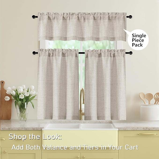 Linen Valances for Windows, Light Filtering Faux Linen Textured Small Short Valance Curtains for Bathroom Basement Farmhouse, Rod Pocket Top Half Curtains for Windows, 60Wx16L Inch