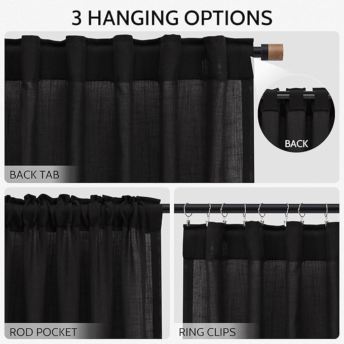 Vintage Black Linen Curtains 108 Inches Long for Living Room Light Filtering Semi Sheer Curtain Back Tab Floor to Ceiling High Window Gothic Vintage Decor Drapes for Bedroom Office 52x108,2 Panels