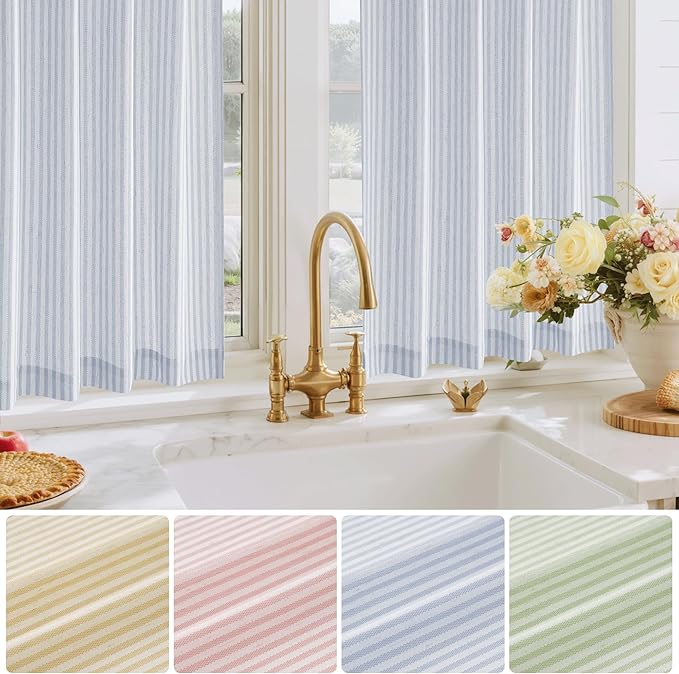 RYB HOME Kitchen Curtains 36 inch Length for Cafe Bathroom Small Window, Striped Linen Pinstripe Drapes Valance Boho Rustic for Living Room Short Tier Farmhouse, Blue, W26 x L36, 2 Panels