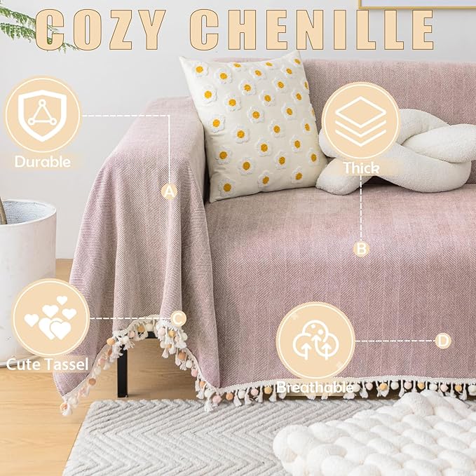 HANDONTIME Soild Couch Covers for Dogs Pink-Purple Sofa Covers Boho Cover for Sofa 3 Seats Chenille Sofa Throw Cover Mauve Sofa Covers for 3 Cushion Couch Tassel, Washable, Pet Friendly, 91" X118"