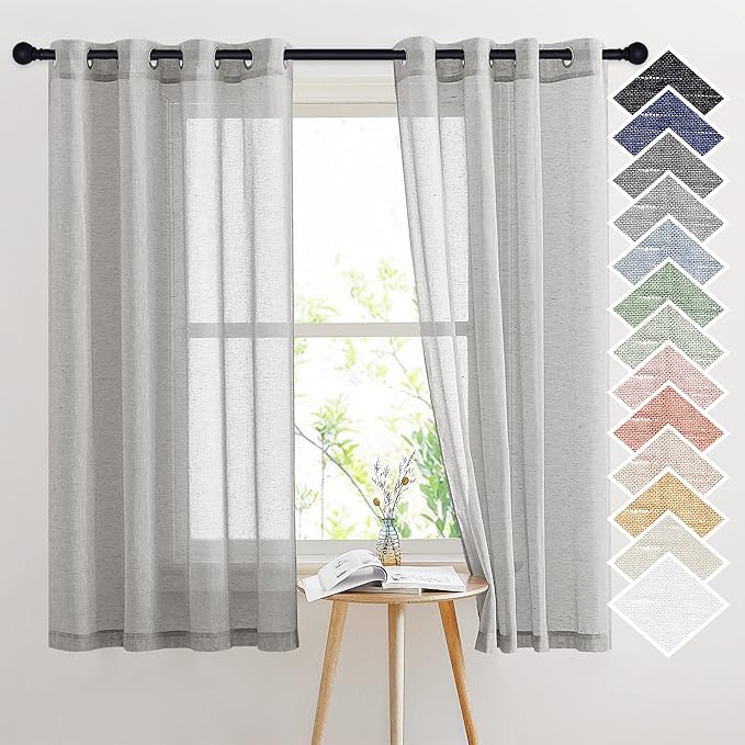 NICETOWN Linen Textured Semi Sheer Curtains 63 inches Length, Eyelet Top Bedroom Window Privacy Translucent Light Filtering Flax Sheer Drapes for Bedroom, 52 inches Wide, 2 PCs, Grey