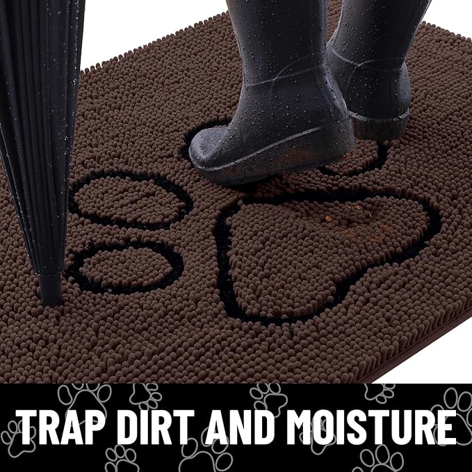 Smiry Dog Door Mat for Muddy Paws, Absorbent Dirt Trapper Non Slip Quick Dry Washable Chenille Mat for Mud Dogs, Entry Rug for Indoor and Outdoor (48x30 Inches, Brown and Black)