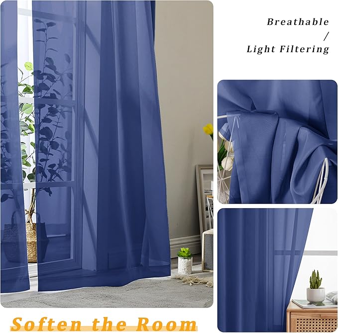 Gwine Royal Blue Sheer Curtain Tiers 24 Inch Length, Light Filtering Voile Short Curtain for Living Room Bedroom, Rod Pocket Cafe Curtains for Small Windows 42x24 Inch, 2PCS