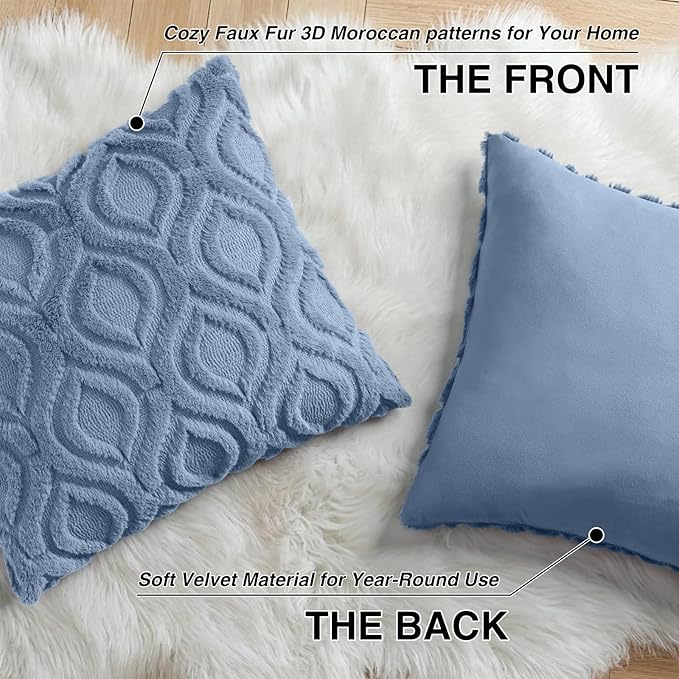 decorUhome Throw Pillow Covers 18x18 Inch Set of 2, Soft Plush Faux Wool Dusty Blue Solid Couch Pillow Covers, Accent Farmhouse Neutral Square Pillow Cases for Sofa Bed Living Room