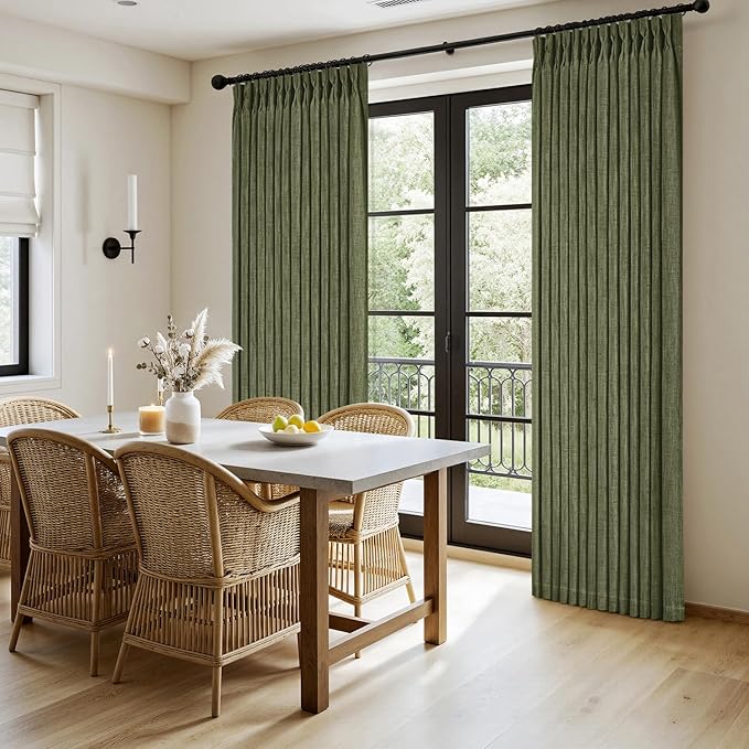 MIULEE Olive Green Pinch Pleated Thick Linen Curtains 108 Inches Long 2 Panels Set for Living Room Bedroom, Linen Texture Drapes Pleat Semi Sheer Moss Green Foor to Ceiling Curtains with Hooks&Rings