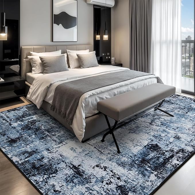 Rugflix 6x9 Area Rugs for Living Room, Washable Large Rug Stain-Resistant Low Pile, Modern Dark Carpet for Dining Room Home Office Kid Room Nursery Bedroom, Navy Blue/Black