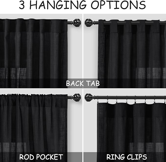 Extra Long Black Curtain 108 inches Long 2 Panels Set for Living Room Back Tab Modern Farmhouse Muslin Look Decor Cotton Textured Sheer Linen Curtains 108 inch Length for Large Window 9 FT Tall