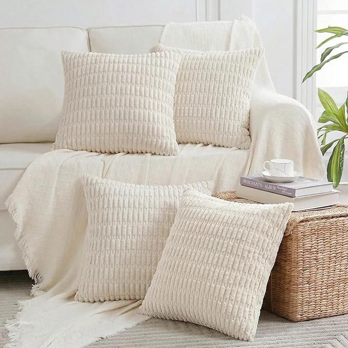 Fancy Homi 4 Packs Boho Cream Decorative Throw Pillow Covers 14x14 Inch for Living Room Couch Bed Sofa, Rustic Modern Farmhouse Home Decor, Soft Plush Corduroy Beige Cute Square Cushion Case 35x35 cm