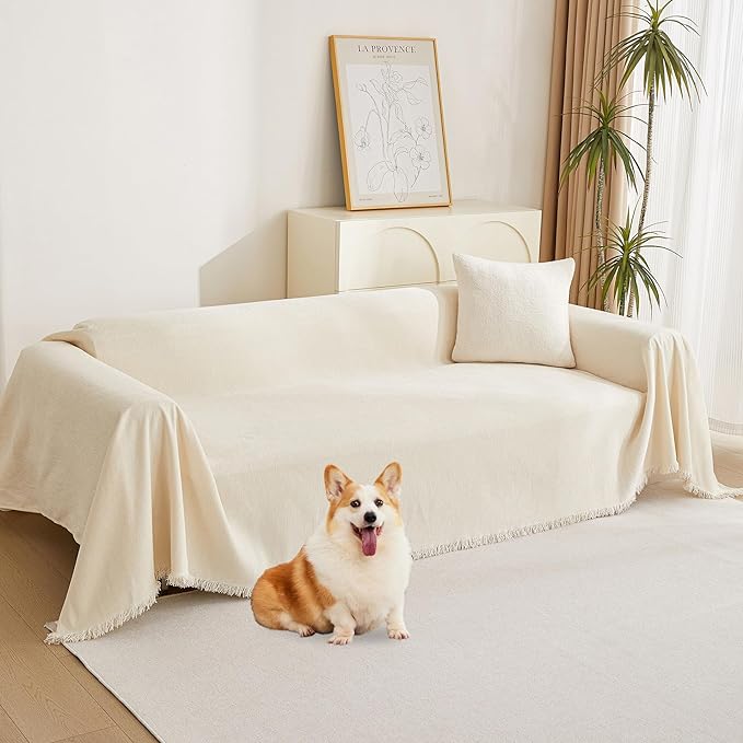 MYSKY HOME Beige Couch Covers Boho Style Chenille for 2 Cushion L-Shape Washable Couch Blanket with Tassel Pet Cushion Cover, 71" X102