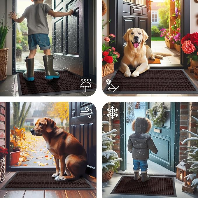 Smiry Front Door Mat Outside Entrance, Heavy Duty Natural Rubber Doormat, Non Slip, Trap Dirt and Moisture, Easy Clean, Low Profile Welcome Floor Mats for Indoor Outdoor Entry, 47x32 Inch, Brown