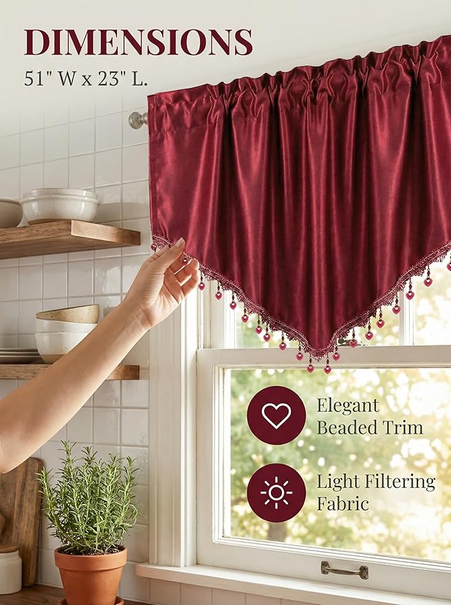 Molaxhome Swag Curtain 51 inch Length Rod Pocket Scalloped Curtain Valance Sheer Lace Panels with Hanging Crystal Beads for Kitchen Bedroom Window Treatments Drape Decor 1pc (Cloth Red, 51Wx23L)